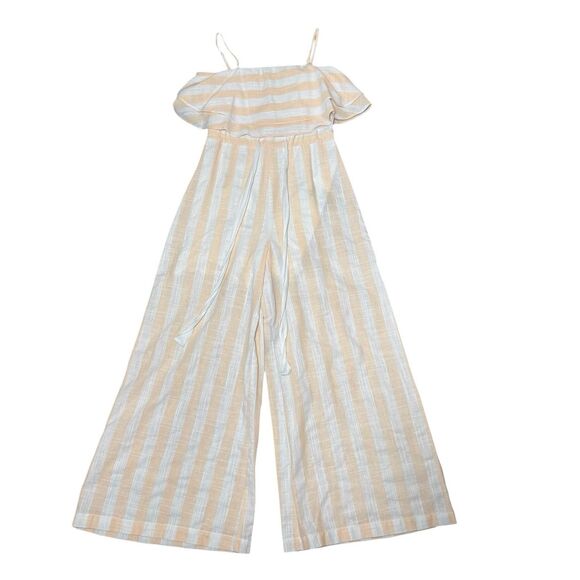 Peach White Striped Chambray Jumpsuit Wide Leg Romper Ruffle Top Sz S - Picture 1 of 5